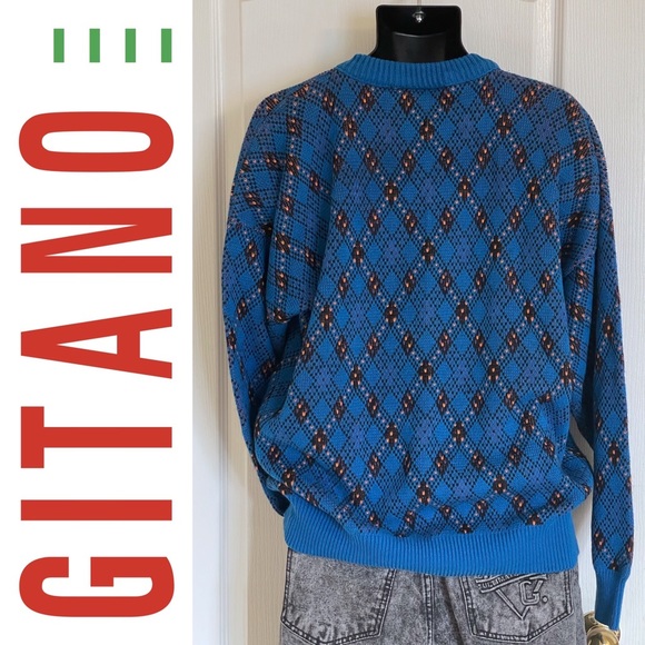 EUC vintage GITANO Sportswear 1990s cotton crewneck dad sweater, blue w/ pattern - Picture 7 of 14